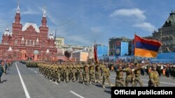 Russian - Armenian soldiers march in a WW2 military parade in Moscow's Red Square, 9May2015.
