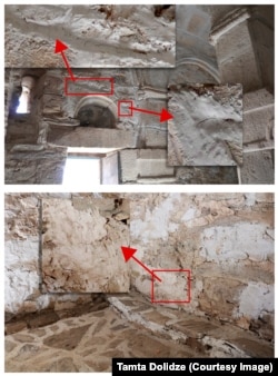 Masa korištena u restauraciji, kako unutrašnja tako i vanjska, je na nekoliko mjesta popucala.