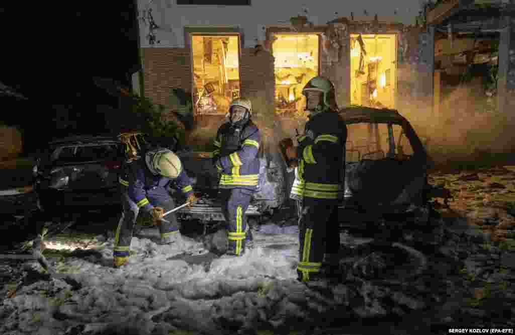 Rescuers evacuated 19 people, the emergency services said on Telegram, sharing a video of buildings with blown-out windows.