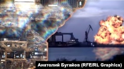 Украинская атака на завод «Залив» в аннексированной РФ Керчи, коллаж