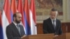Ararat Mirzoján örmény külügyminiszter és Szijjártó Péter külgazdasági és külügyminiszter közös sajtótájékoztatójukon Budapesten 2024. május 6-án