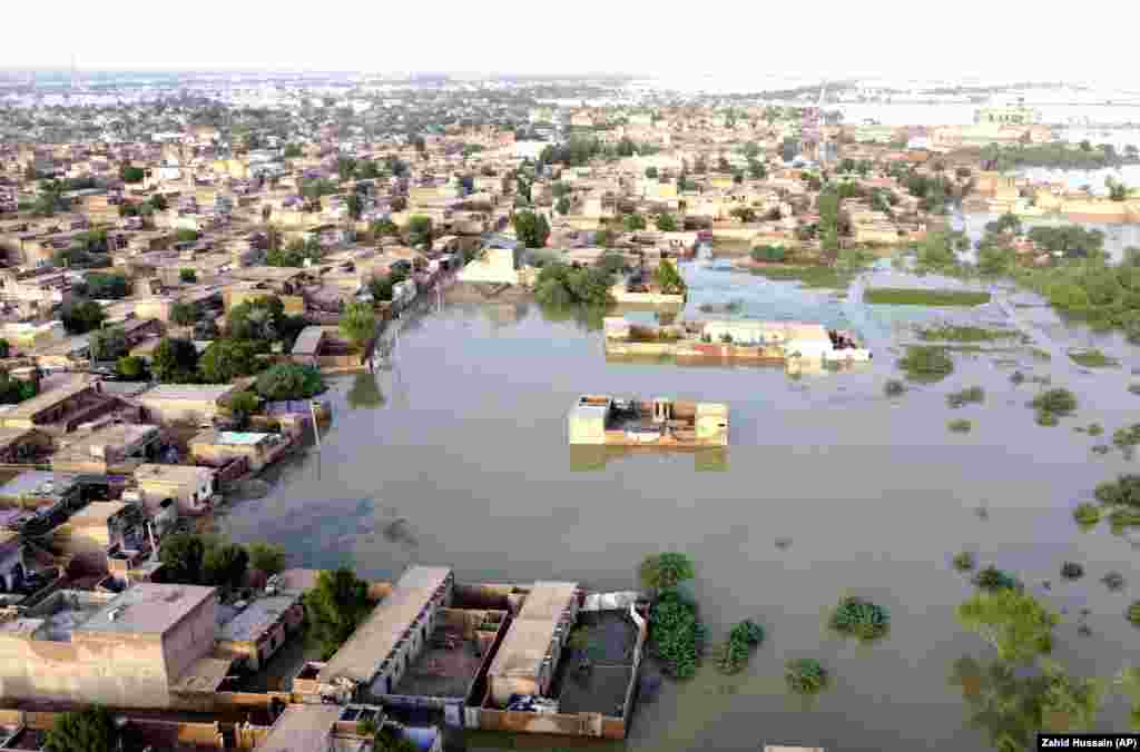 Pakistani officials have blamed climate change, which is increasing the frequency and intensity of extreme weather around the world, for the destruction in areas such as the city of Sohbat Pur (pictured) in Baluchistan Province. 