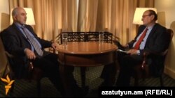 Armenia - Paruyr Hayrikian (L), an opposition presidential candidate, is interviewed by Harry Tamrazian, director of RFE/RL's Armenian service, Yerevan, 30Jan2013.