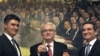 Hrvatski predsjednik Ivo Josipović, premijer Zoran Milanović i predsjednik Sabora Zoran Šprem nakon objavljivanja rezultata referenduma u Hrvatskoj, siječanj 2012.