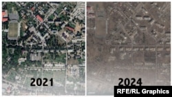 Спутниковые снимки украинского города Соледара в 2021 (слева) и 2024 году