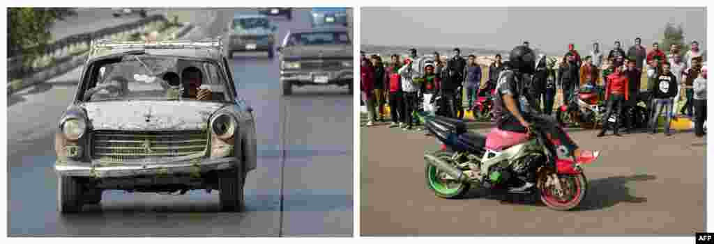 Majtas: Një burrë duke vozitur një veturë të shkatërruar në Bagdad më 24 tetor, 2003. Djathtas: Panairi i motoristëve, më 8 shkurt, 2013.
