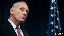 U.S. Secretary of Homeland Security John Kelly listens to questions during a press conference related to President Donald Trump's recent executive order concerning travel and refugees on January 31 in Washington, D.C.