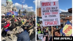 A student-led anti-government protest in Novi Pazar (left) and pro-government rally in Belgrade.