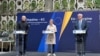 Верховна представниця ЄС із закордонних справ і політики безпеки Кая Каллас, прем'єр-міністр України Денис Шмигаль і міністр закордонних справ України Андрій Сибіга під час зустрічі для створення спецтрибуналу щодо злочинів Росії. Львів, 9 травня 2025 року