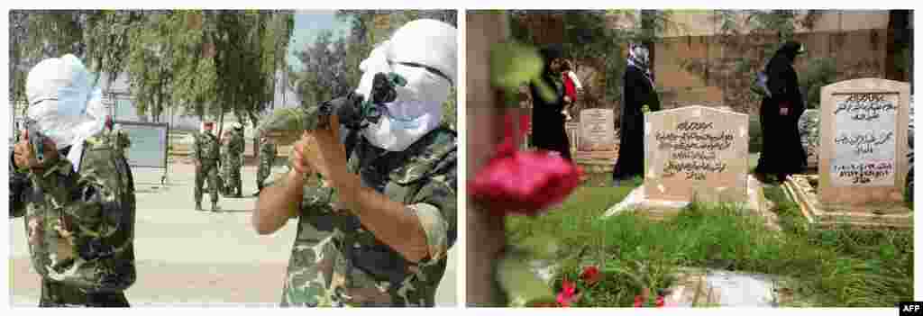 Left: Men who have volunteered to defend Iraq train at a military camp for the Iraqi special forces on March 12, 2003. Right: Women walk past the tomb of two unidentified Arab fighters buried in the Martyrs' Cemetery in Baghdad's Adhamiyah neighborhood, a Sunni stronghold, on February 13, 2013.