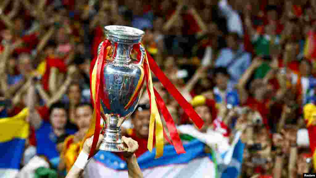 Ispaniýanyň toparynyň hüjümçisi Fernando Torres kubogy galdyrýar.