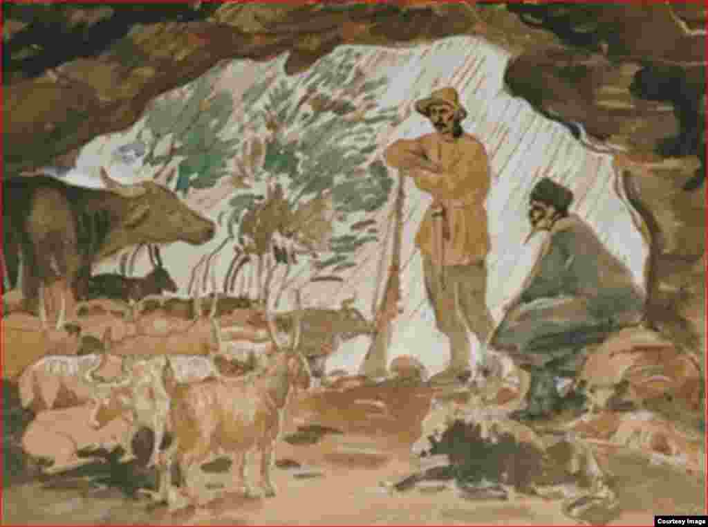 Шлепнев В.С. Пастухи в пещере. Северный Кавказ. 1920-е (Василий Шлепнев (Шлипнев) был участником разных выставок. Поездка по Северному Кавказу раскрыла большие возможности этого художника в цвете и ещё раз показала, как важно для творческого человека окунуться в действительность с её острыми противоречиями. Основная часть созданного им во время экспедиции 1924-1925 годов хранится в Ставропольском краеведческом музее изобразительных искусств, в художественном музее Дагестана.)