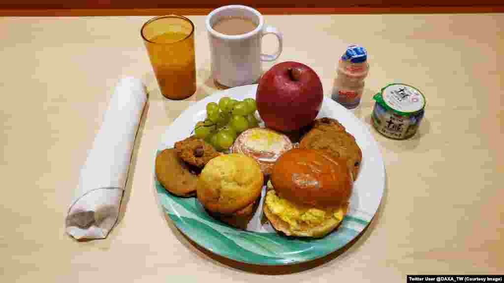 A meal served to a passenger aboard the quarantined cruise ship. Since the quarantine began one week ago, staff have twice been allowed to buy bottles from the bar to drink in their quarters -- a perk usually only permitted twice a month. 