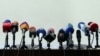 Armenia - TV and radio microphones set for a news conference in Yerevan.
