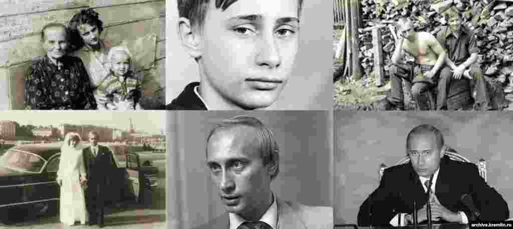 Коллаж архивных фотографий Владимира Путина, начиная с детства и заканчивая 2002-м годом.