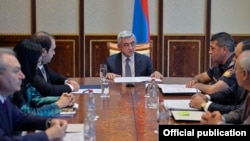 Armenia - President Serzh Sarkisian meets with top Armenian security officials to discuss a continuing hostage situation in Yerevan, 22Jul2016. 
