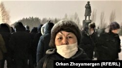 Машинистка крана Сауле Сейдахметова во время протеста крановщиков. Нур-Султан, 28 февраля 2021 года