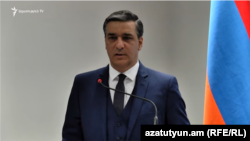 Armenian Ombudsman Arman Tatoyan at a news conference in Yerevan on March 13, 2021