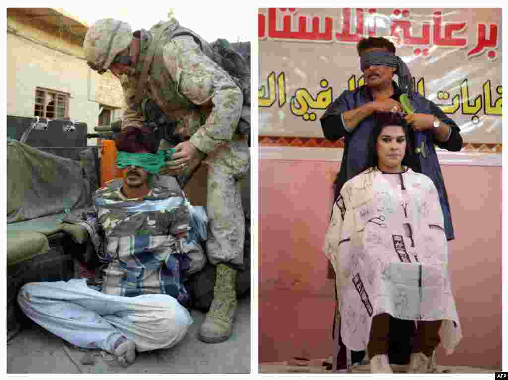 Majtas: Një ushtar amerikan duke ia mbyllur sytë një të dyshuari, më 12 nëntor, 2004, në Fallujah. Djathtas: Një berber symbyllur merr pjesë në garën e floktarëve në Bagdad, më 9 shkurt 2013.