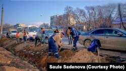 Рабочие выкорчевывают пни после вырубки деревьев у магазина Sulpak в Алматы. 26 ноября 2020 года.