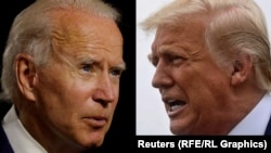  Joe Biden (b), a Demokrata Párt elnökjelöltje, és Donald Trump amerikai elnök, a Republikánusok jelöltje