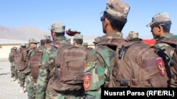 A group of Afghan special forces wait to be deployed to the frontline.