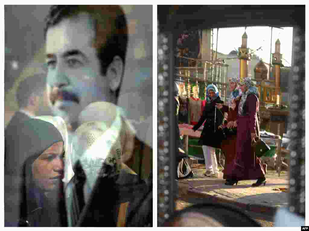 Left: A reflection of women is seen in the glass covering a photograph of Saddam Hussein on January 25, 2003. Right: Women are reflected in a mirror displayed by a street vendor on February 4, 2013, in Baghdad's central Karrada neighborhood.