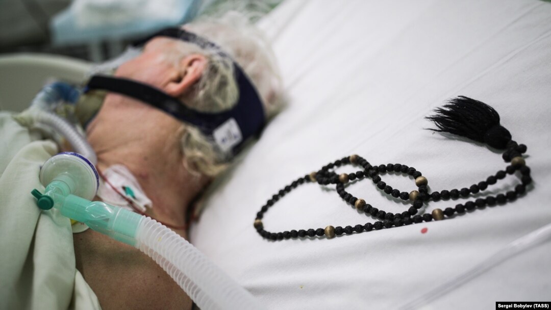 A patient in intensive care at a hospital outside Moscow that treats COVID-19 patients