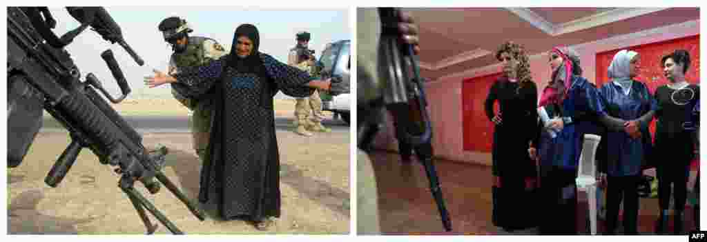Majtas: Një ushtare amerikane kërkon një grua kurde irakene në një postbllok, më 25 tetor 2004, në Ramadi. Djathtas: Një roje e armatosur qëndron në frontin e modeleve gjatë një konvente të floktarëve dhe grimit më 9 shkurt 2013.