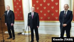 RUSSIA -- Russian President Vladimir Putin, Azerbaijani President Ilham Aliyev and Armenian Prime Minister Nikol Pashinian attend a joint press conference following a trilateral meeting at the Kremlin, January 11, 2021