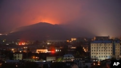 NAGORNO-KARABAKH -- Bursts of explosions are seen from Stepanakert during fighting between Armenian and Azerbaijani forces near Shushi (Susa), November 5, 2020
