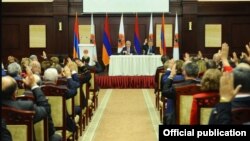 Armenia - Senior members of the ruling Republican Party (HHK) vote in Tsaghkadzor to nominate Serzh Sarkisian to be Armenia’s next prime minister, 14 April 2018.
