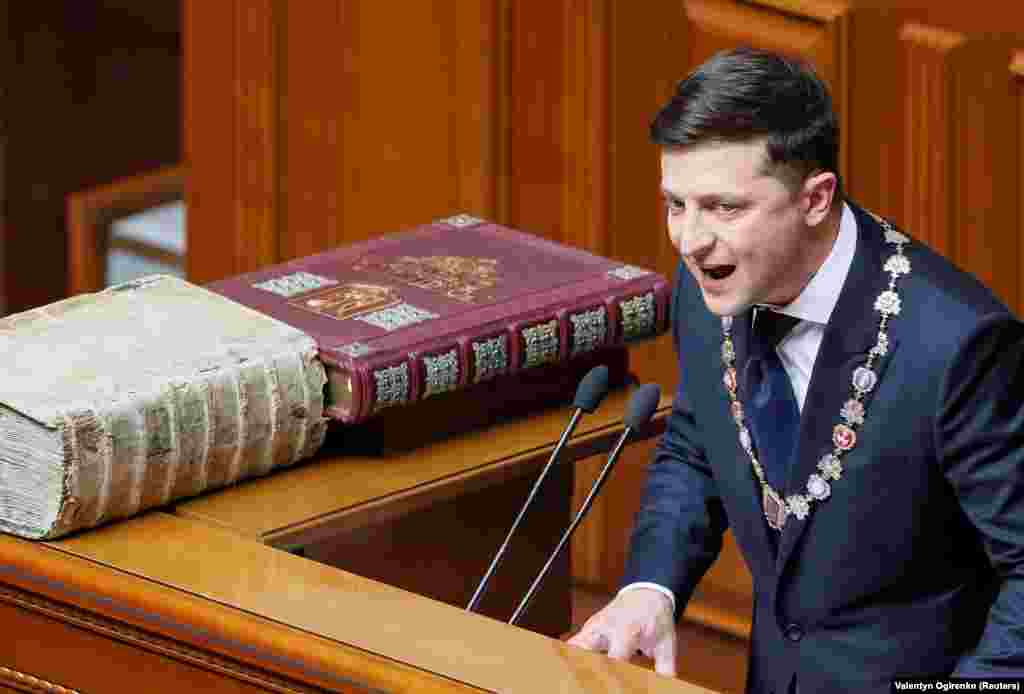 Zelenskiy made reference to U.S. President Ronald Reagan, another actor elected to high office, saying: "Government is not the solution to our problem; government is the problem," a quote from Reagan's first inaugural address in 1981.