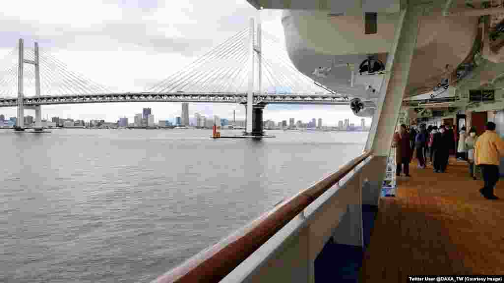 The view from the deck of the ship. Some 136 people aboard, including 11 crew members, have been diagnosed with coronavirus. At least one is a Ukrainian citizen.