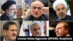 بالا از راست به چپ: حسن روحانی، مصطفی میرسلیم، ابراهیم رئیسی/ پایین از راست: محمدباقر قالیباف، مصطفی هاشمی‌طبا و اسحاق جهانگیری.
