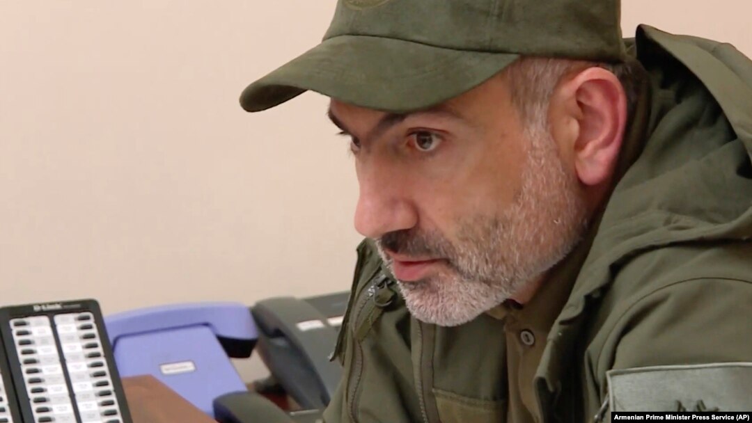 Armenian Prime Minister Nikol Pashinian attends a meeting with army commanders in Nagorno-Karabakh on October 6.